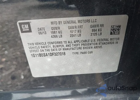 2013 Chevrolet Malibu 1Ls z USA, uszkodzony, nr VIN 1G11B5SA1DF327018